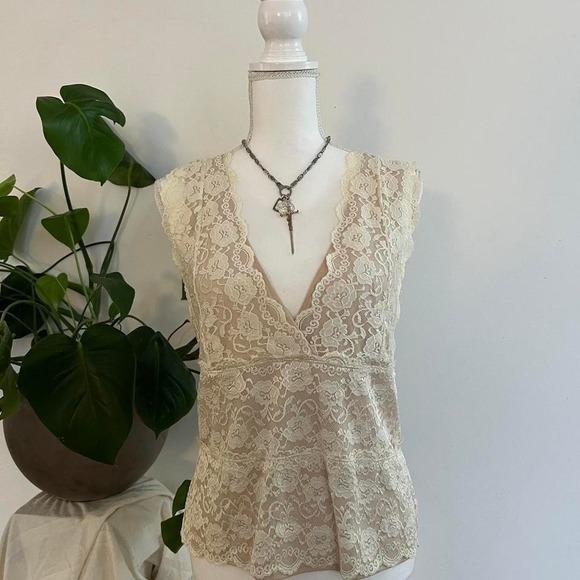 George Tops - Lace Layered Y2K Double V Tiered Cream Cami Tank Babydoll Cut